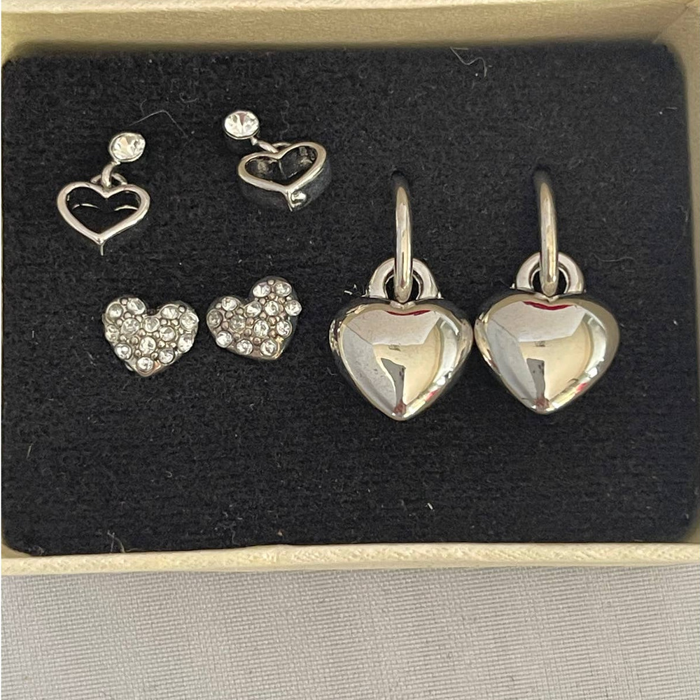 3 pairs of heart shaped earrings silver toned NIB
